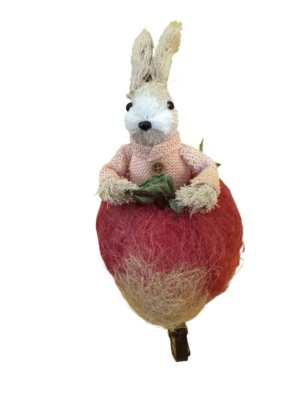 Vintage Handmade Sisal Bunny Riding Radish Cart Easter Spring Decor Glass Eyes - Picture 5 of 7